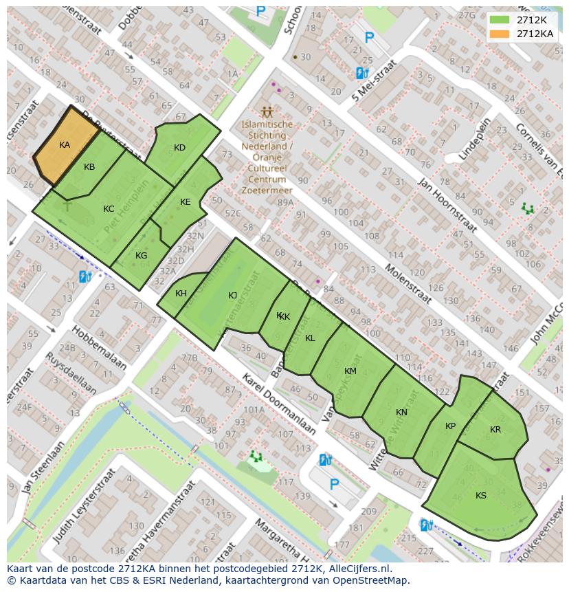 Afbeelding van het postcodegebied 2712 KA op de kaart.