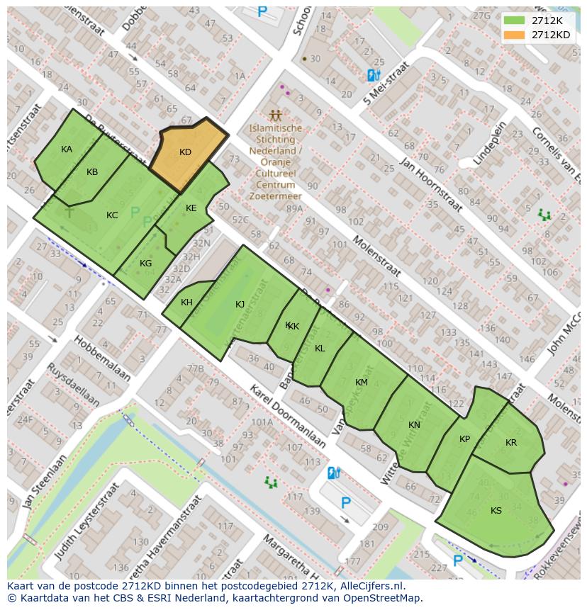 Afbeelding van het postcodegebied 2712 KD op de kaart.