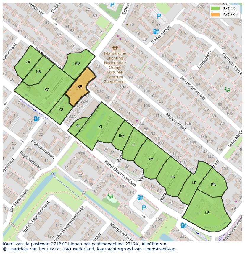 Afbeelding van het postcodegebied 2712 KE op de kaart.