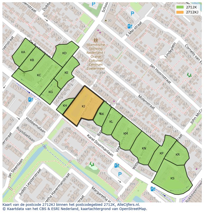 Afbeelding van het postcodegebied 2712 KJ op de kaart.