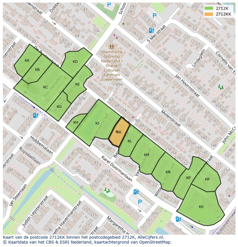 Afbeelding van het postcodegebied 2712 KK op de kaart.