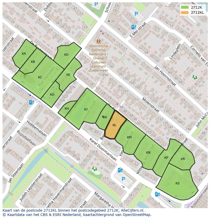 Afbeelding van het postcodegebied 2712 KL op de kaart.
