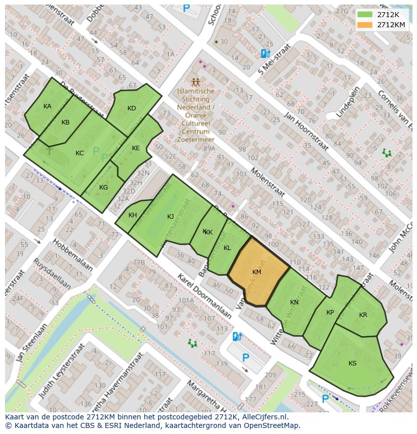 Afbeelding van het postcodegebied 2712 KM op de kaart.
