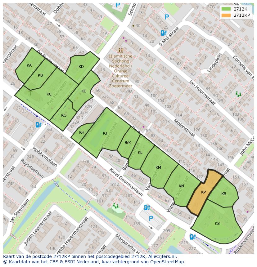 Afbeelding van het postcodegebied 2712 KP op de kaart.