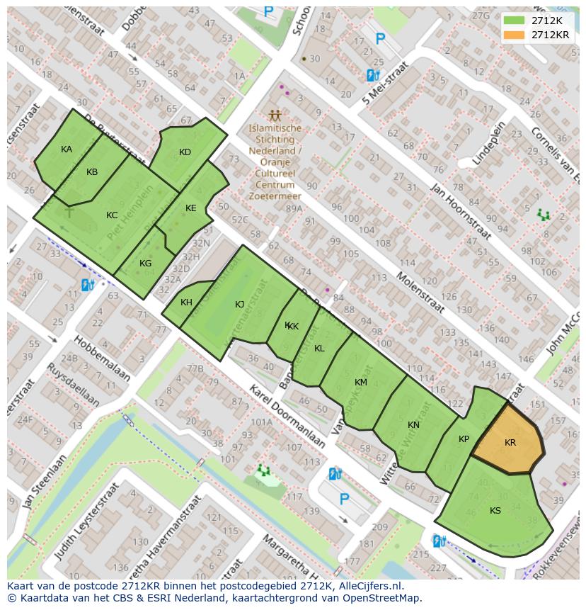 Afbeelding van het postcodegebied 2712 KR op de kaart.