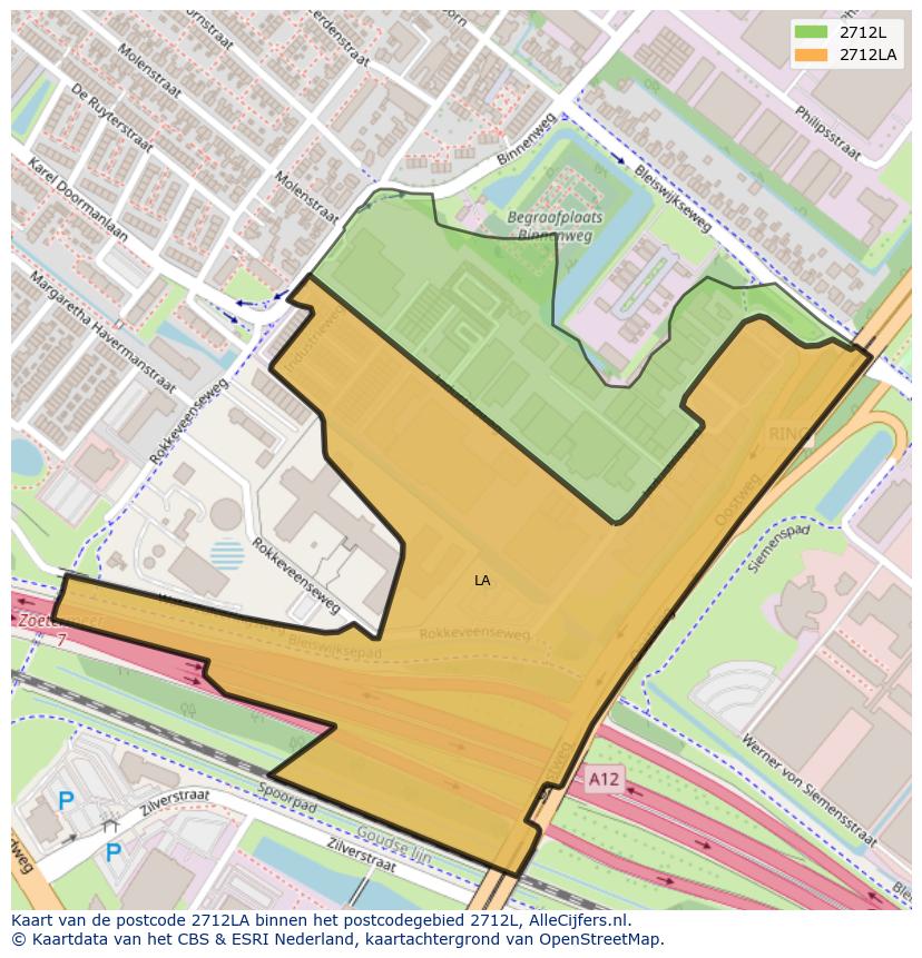 Afbeelding van het postcodegebied 2712 LA op de kaart.