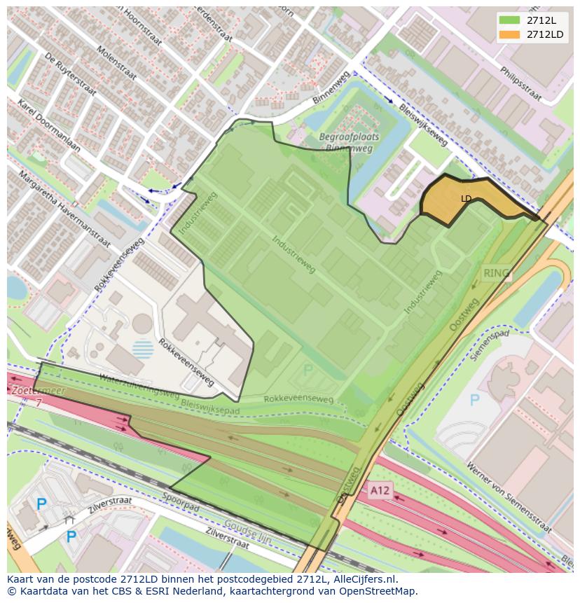 Afbeelding van het postcodegebied 2712 LD op de kaart.