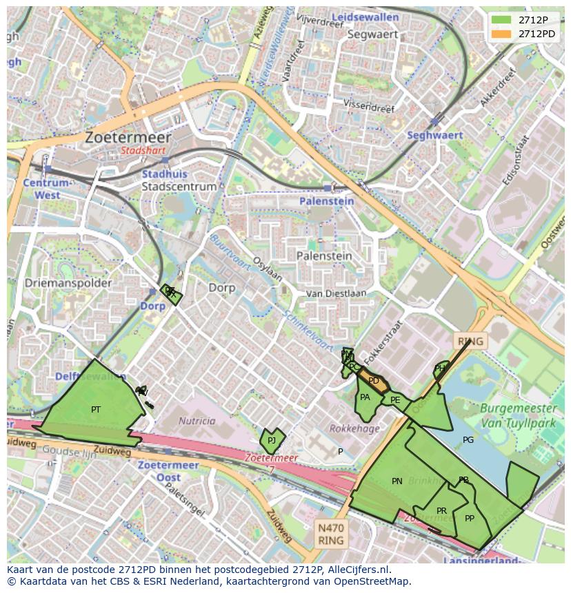 Afbeelding van het postcodegebied 2712 PD op de kaart.