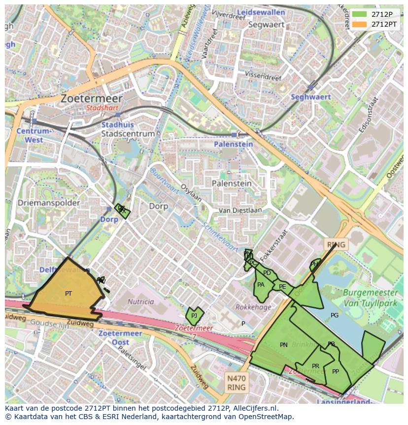 Afbeelding van het postcodegebied 2712 PT op de kaart.