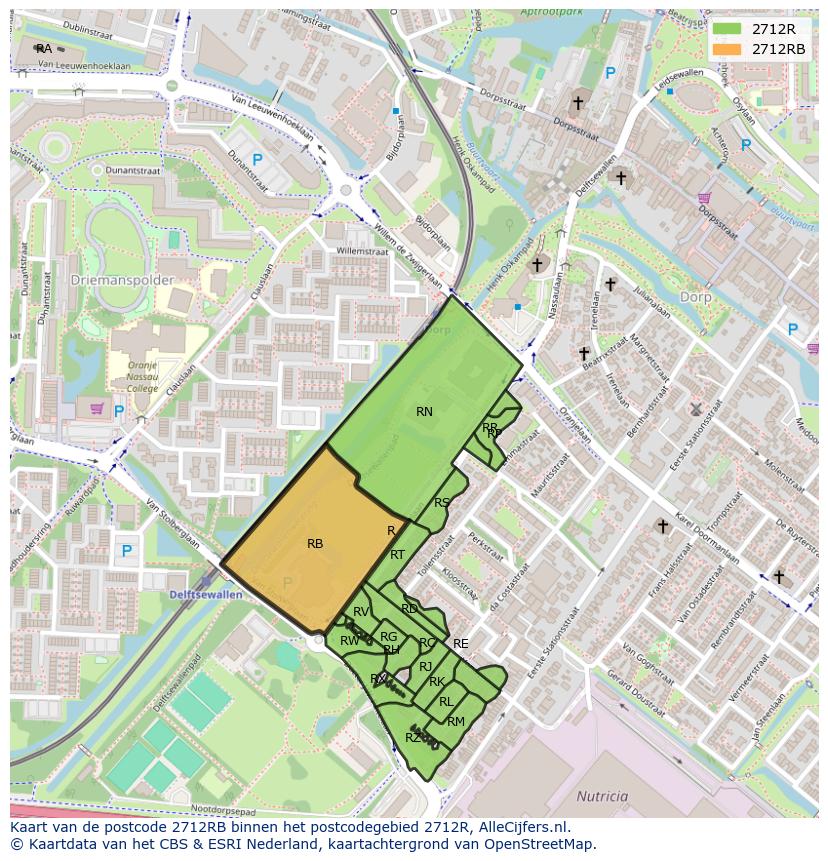 Afbeelding van het postcodegebied 2712 RB op de kaart.