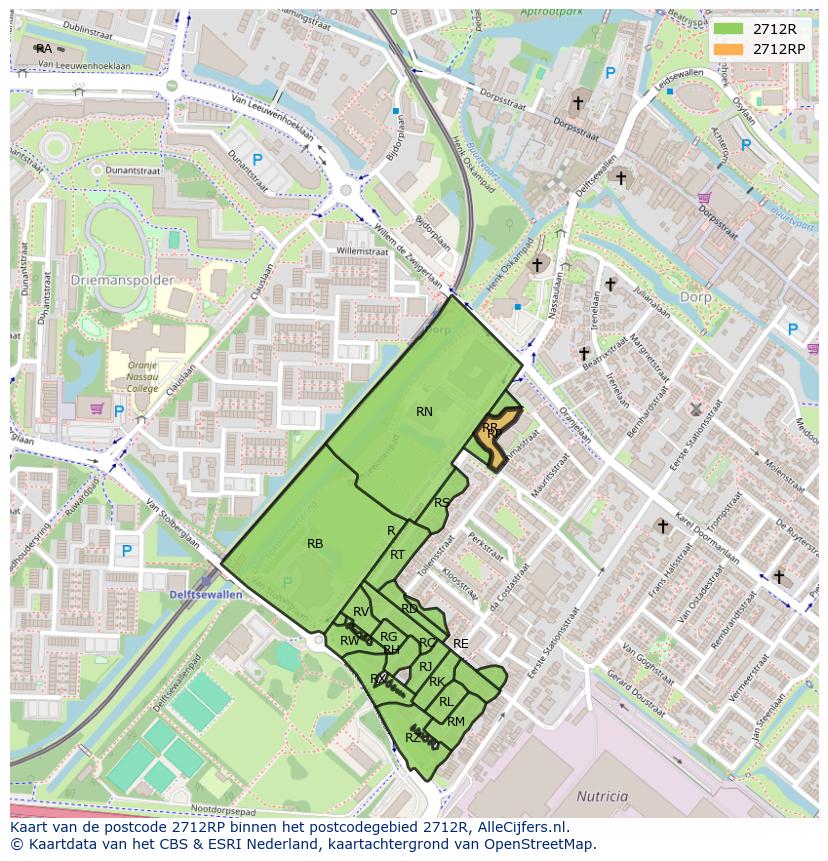 Afbeelding van het postcodegebied 2712 RP op de kaart.