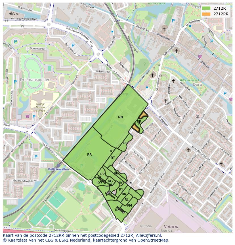 Afbeelding van het postcodegebied 2712 RR op de kaart.
