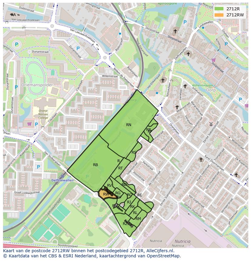 Afbeelding van het postcodegebied 2712 RW op de kaart.