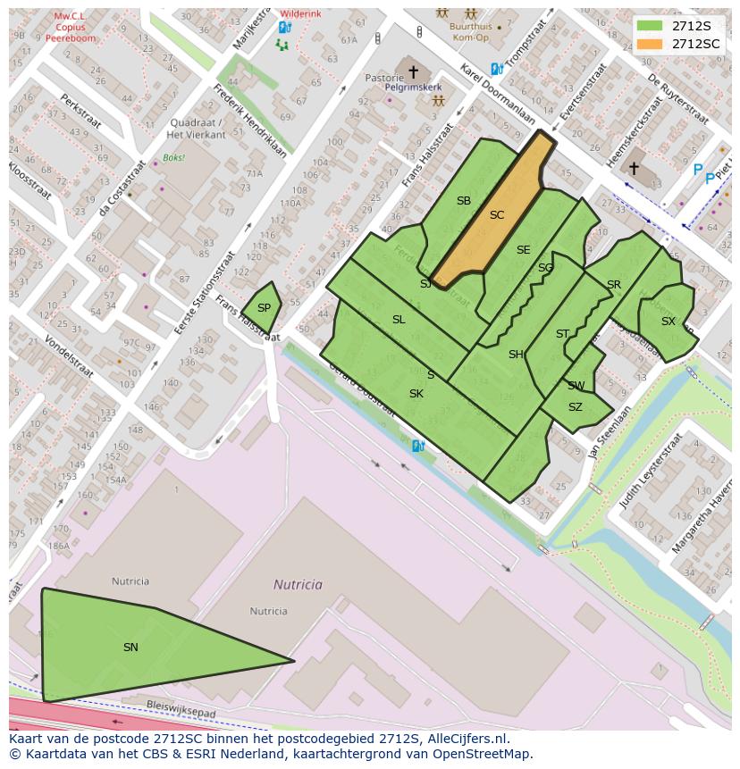 Afbeelding van het postcodegebied 2712 SC op de kaart.