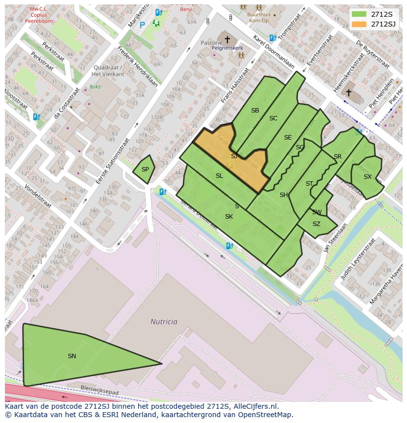 Afbeelding van het postcodegebied 2712 SJ op de kaart.