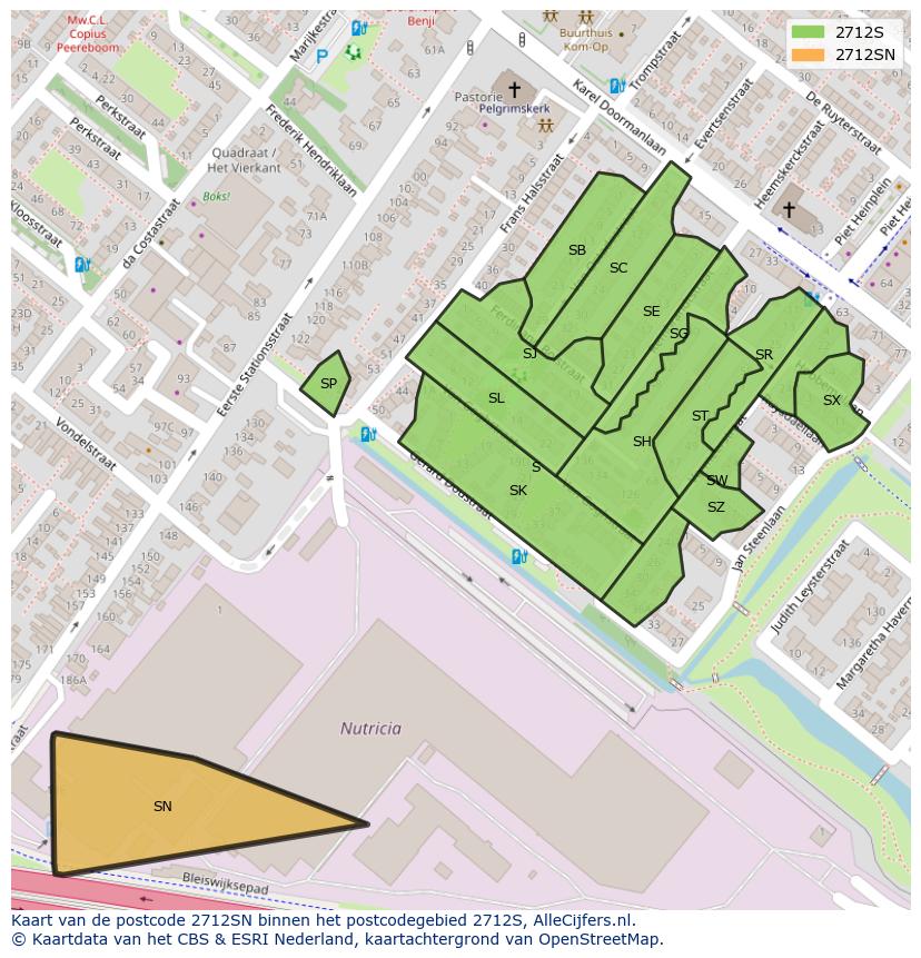 Afbeelding van het postcodegebied 2712 SN op de kaart.