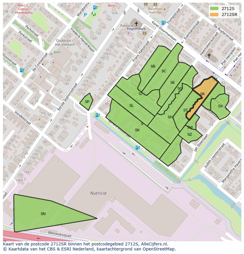 Afbeelding van het postcodegebied 2712 SR op de kaart.