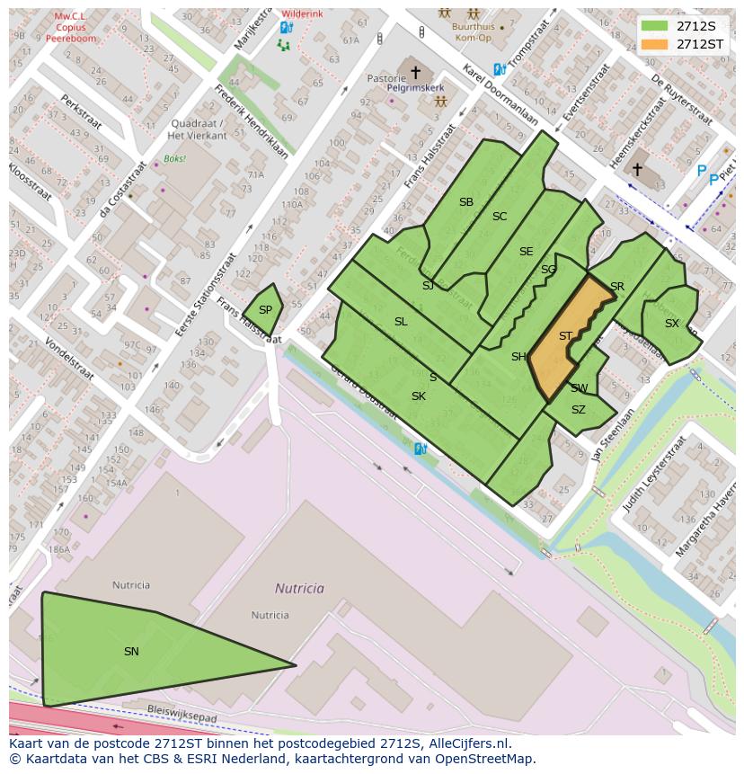 Afbeelding van het postcodegebied 2712 ST op de kaart.