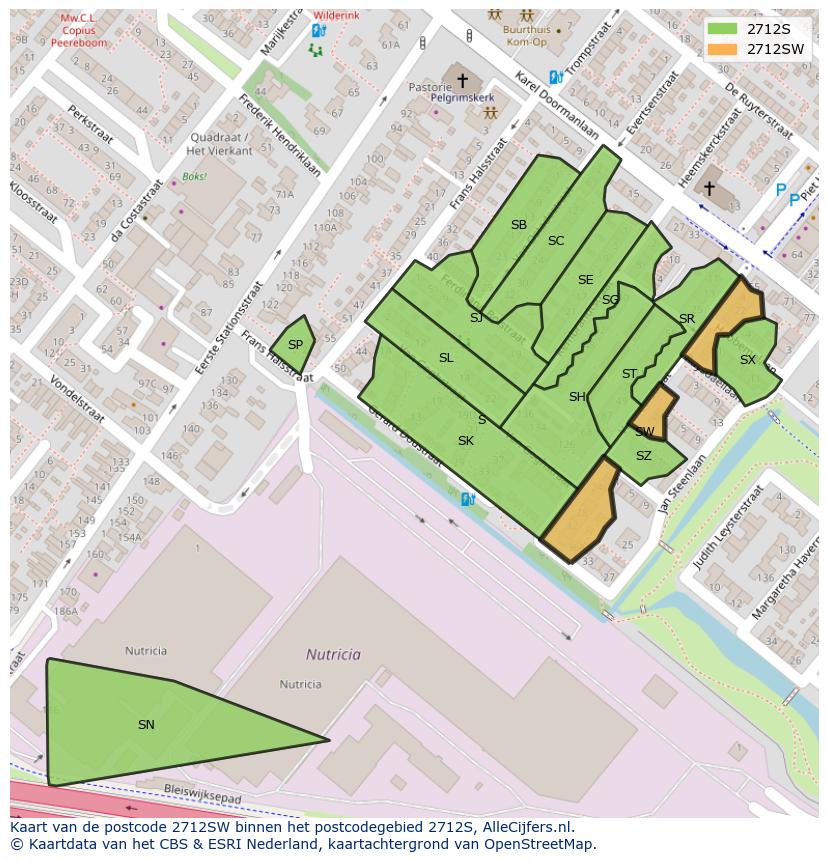 Afbeelding van het postcodegebied 2712 SW op de kaart.