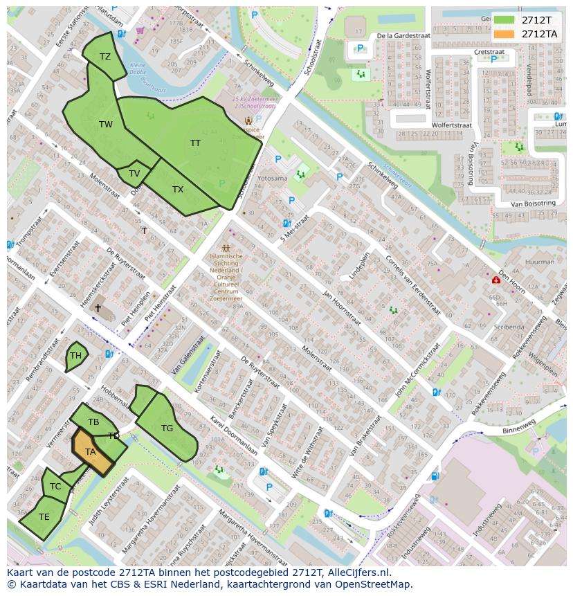 Afbeelding van het postcodegebied 2712 TA op de kaart.