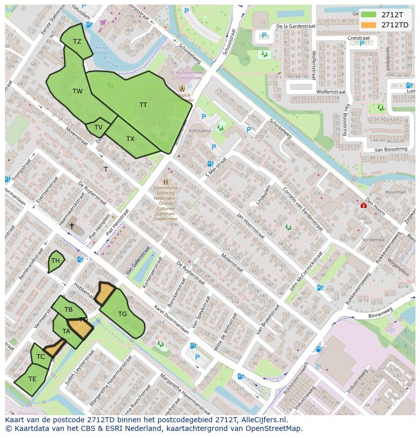 Afbeelding van het postcodegebied 2712 TD op de kaart.