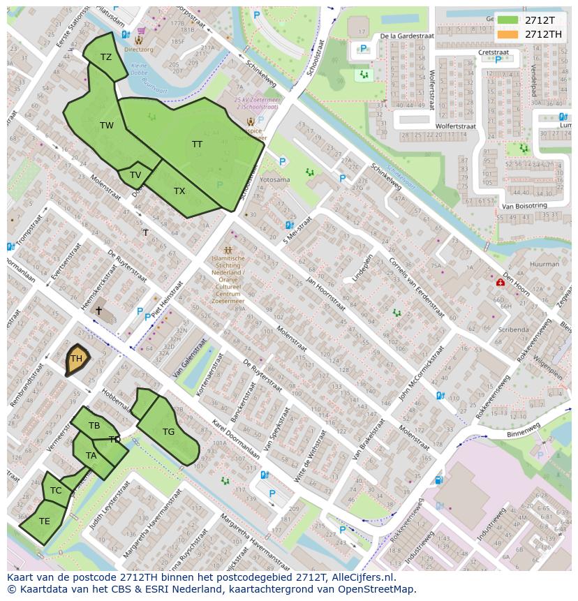 Afbeelding van het postcodegebied 2712 TH op de kaart.