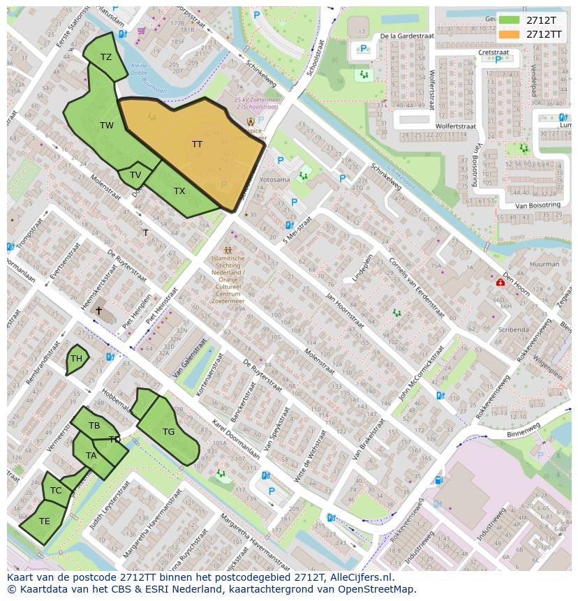 Afbeelding van het postcodegebied 2712 TT op de kaart.