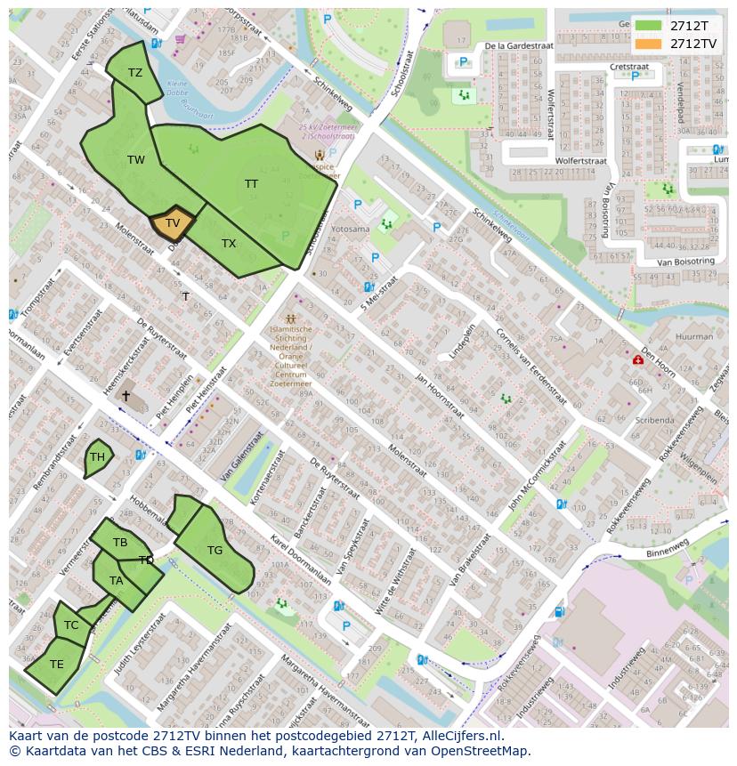 Afbeelding van het postcodegebied 2712 TV op de kaart.