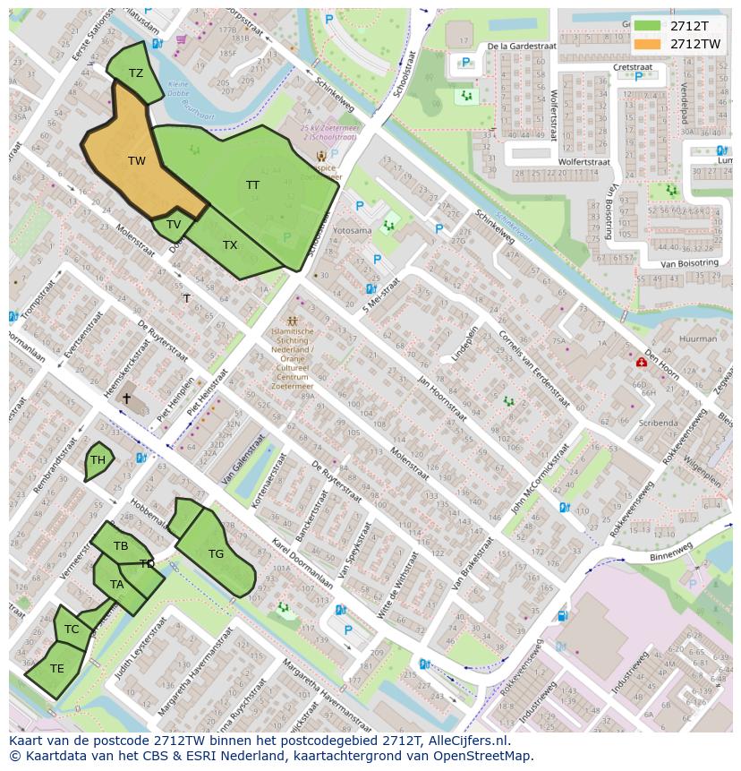 Afbeelding van het postcodegebied 2712 TW op de kaart.