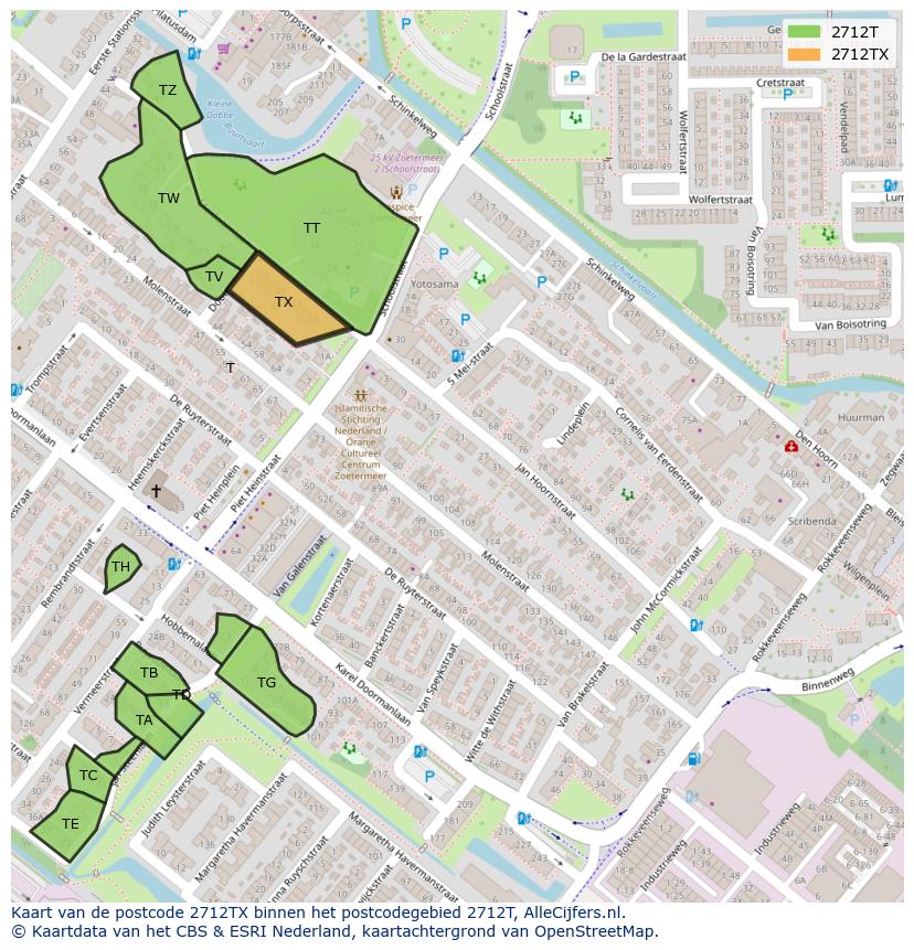 Afbeelding van het postcodegebied 2712 TX op de kaart.