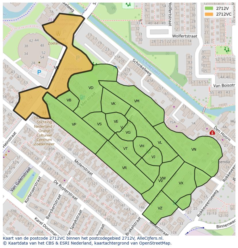 Afbeelding van het postcodegebied 2712 VC op de kaart.