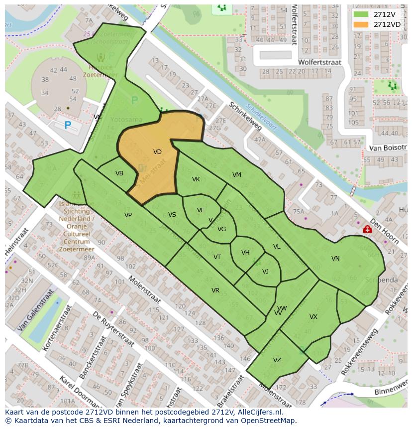 Afbeelding van het postcodegebied 2712 VD op de kaart.