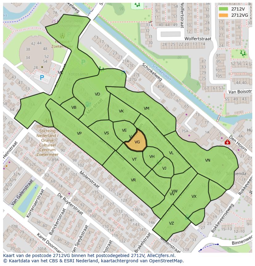 Afbeelding van het postcodegebied 2712 VG op de kaart.