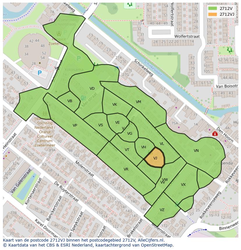 Afbeelding van het postcodegebied 2712 VJ op de kaart.
