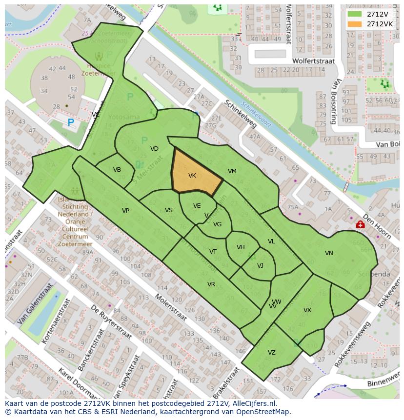 Afbeelding van het postcodegebied 2712 VK op de kaart.