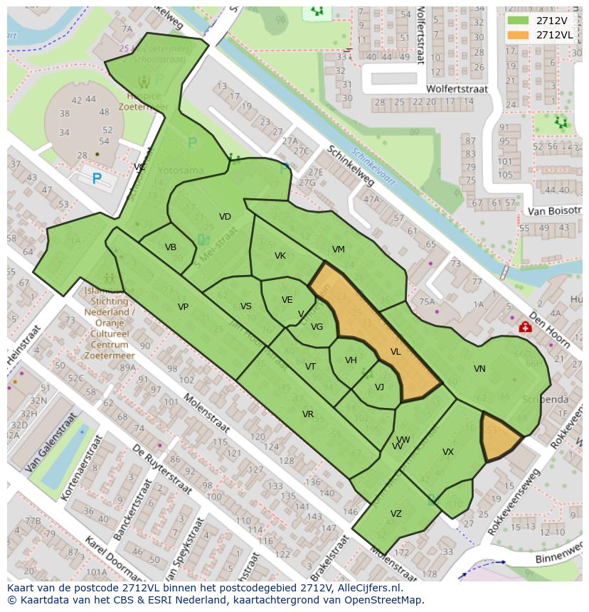 Afbeelding van het postcodegebied 2712 VL op de kaart.