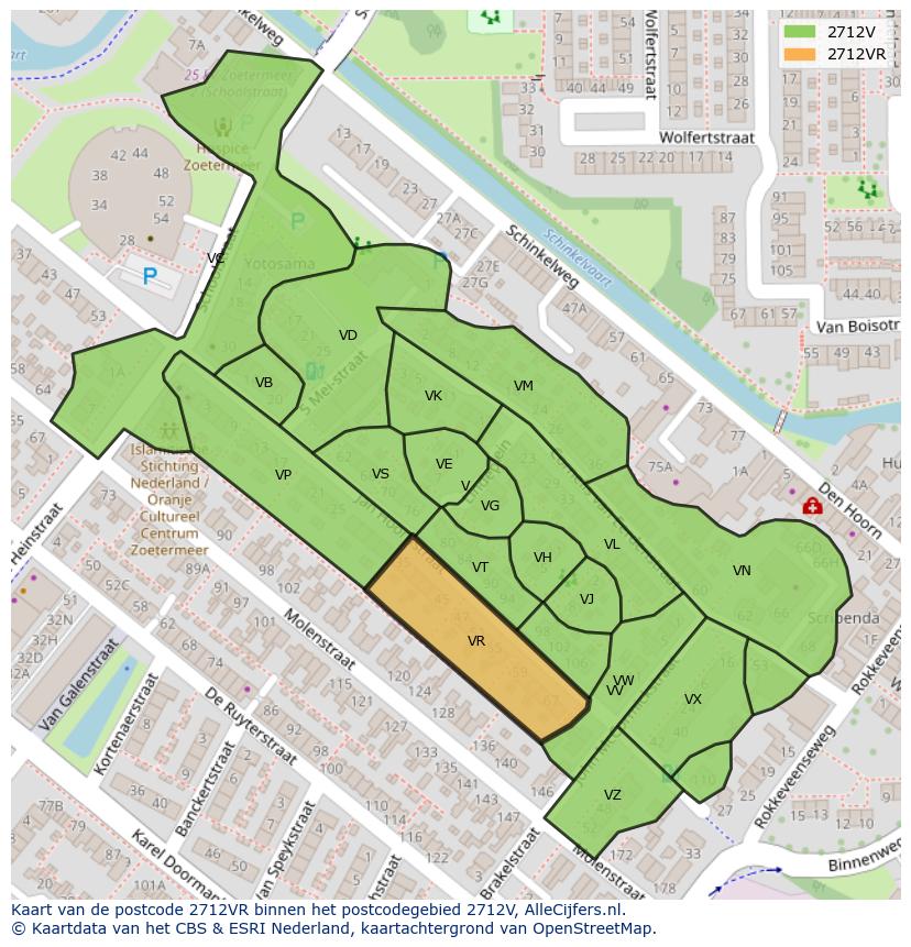 Afbeelding van het postcodegebied 2712 VR op de kaart.