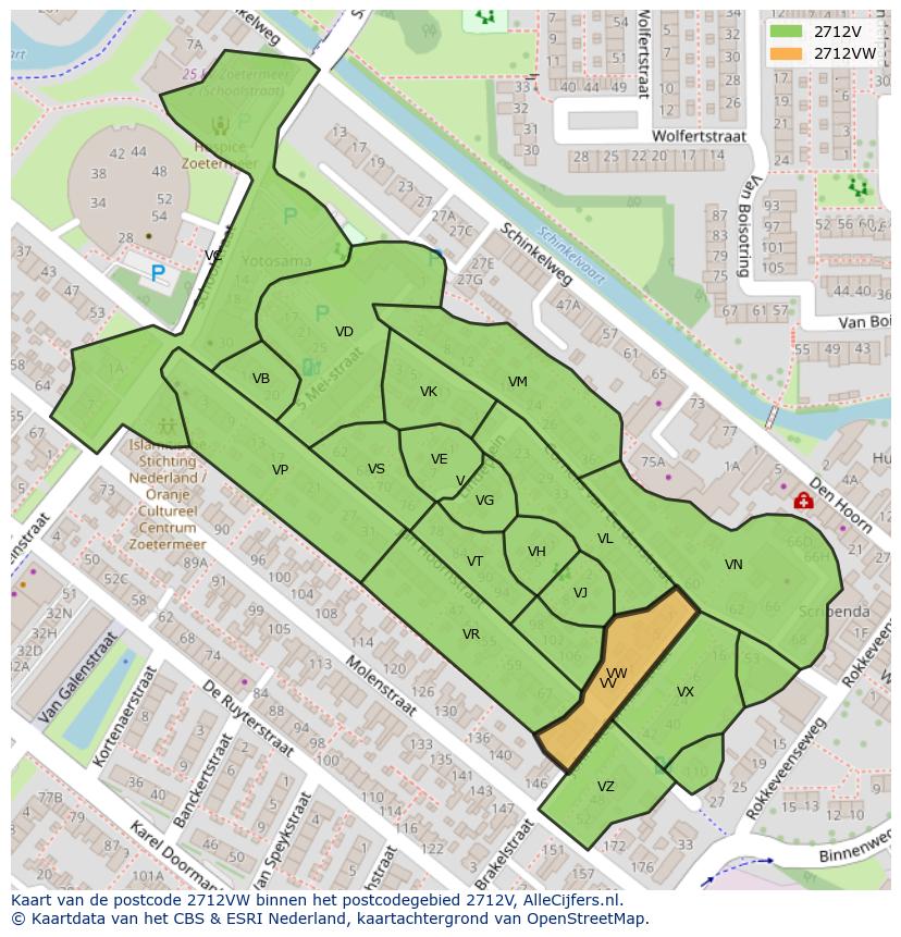 Afbeelding van het postcodegebied 2712 VW op de kaart.