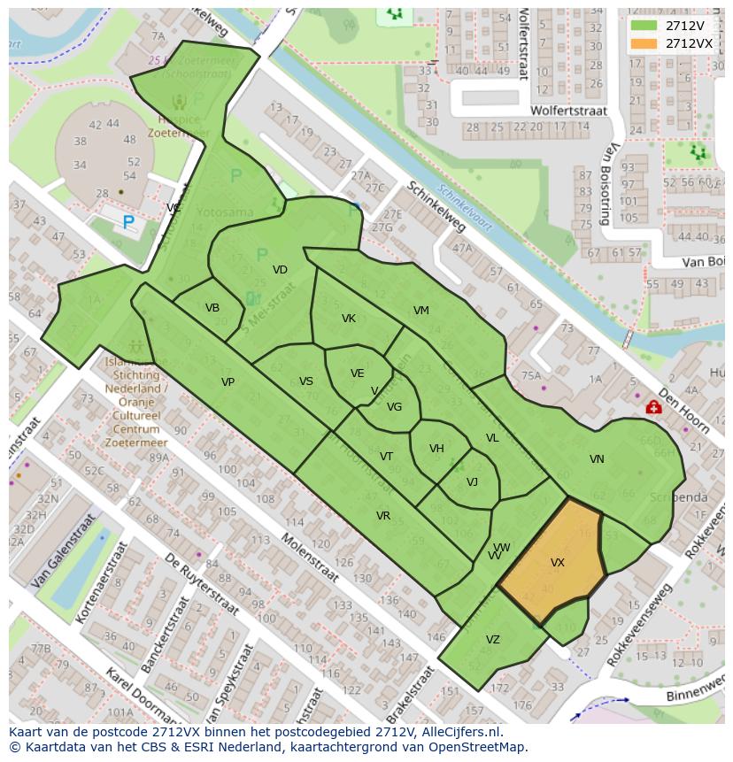 Afbeelding van het postcodegebied 2712 VX op de kaart.