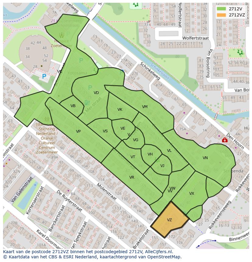Afbeelding van het postcodegebied 2712 VZ op de kaart.