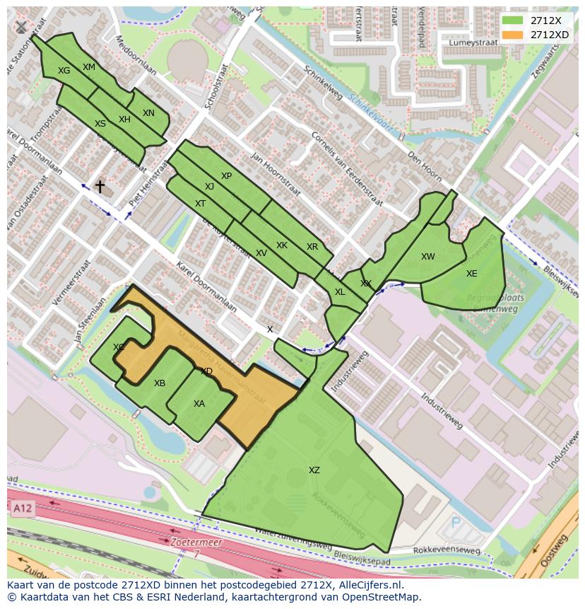 Afbeelding van het postcodegebied 2712 XD op de kaart.