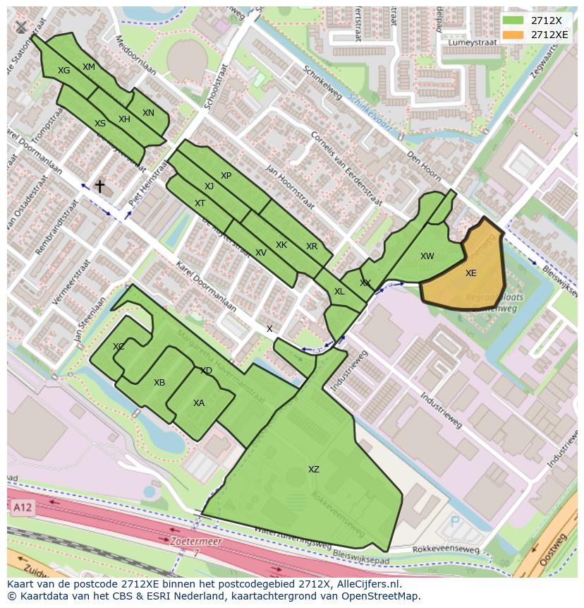 Afbeelding van het postcodegebied 2712 XE op de kaart.