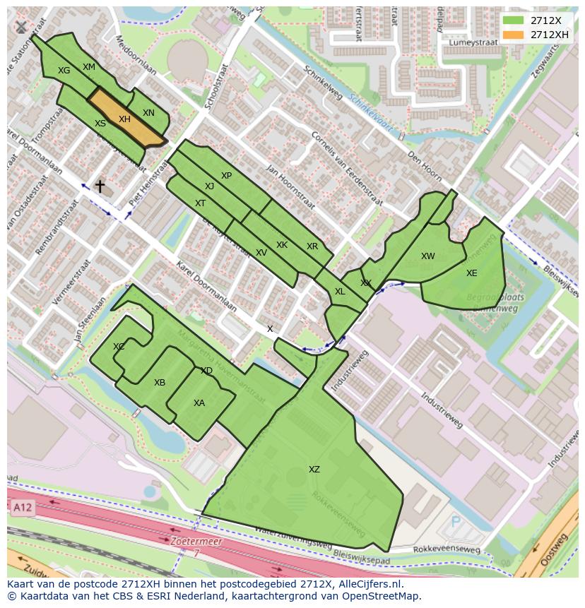 Afbeelding van het postcodegebied 2712 XH op de kaart.
