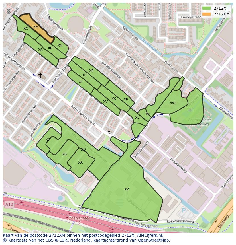 Afbeelding van het postcodegebied 2712 XM op de kaart.