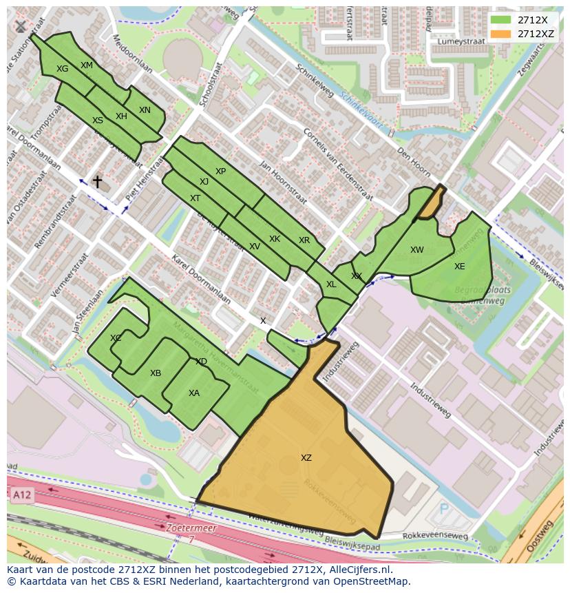 Afbeelding van het postcodegebied 2712 XZ op de kaart.