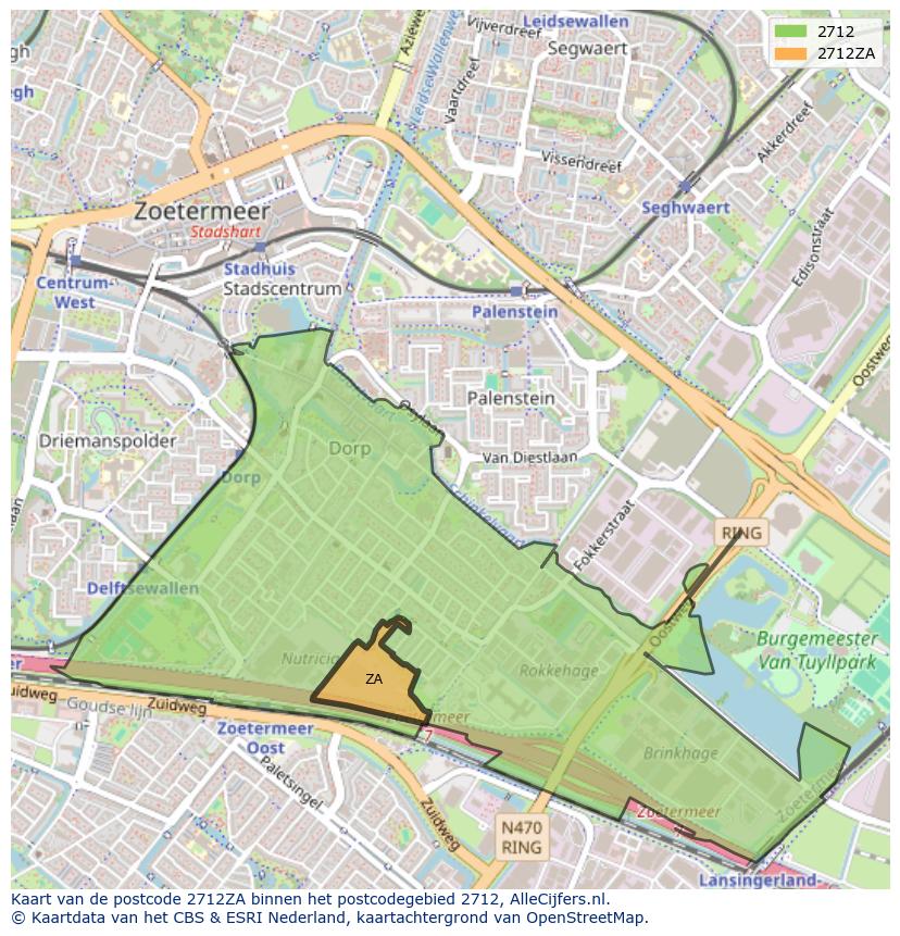 Afbeelding van het postcodegebied 2712 ZA op de kaart.