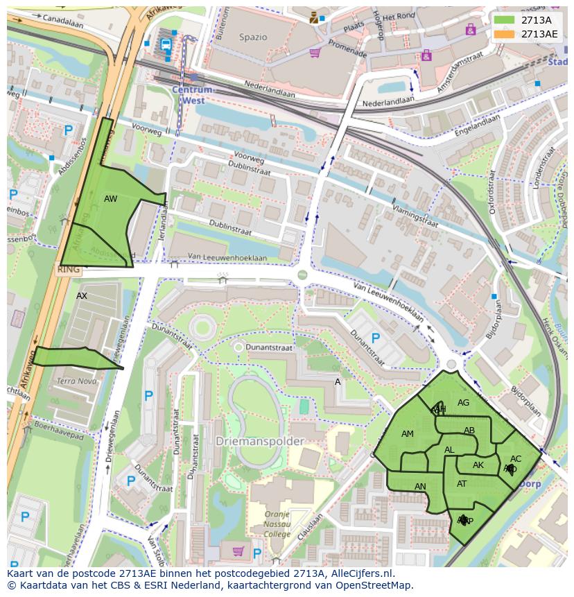 Afbeelding van het postcodegebied 2713 AE op de kaart.