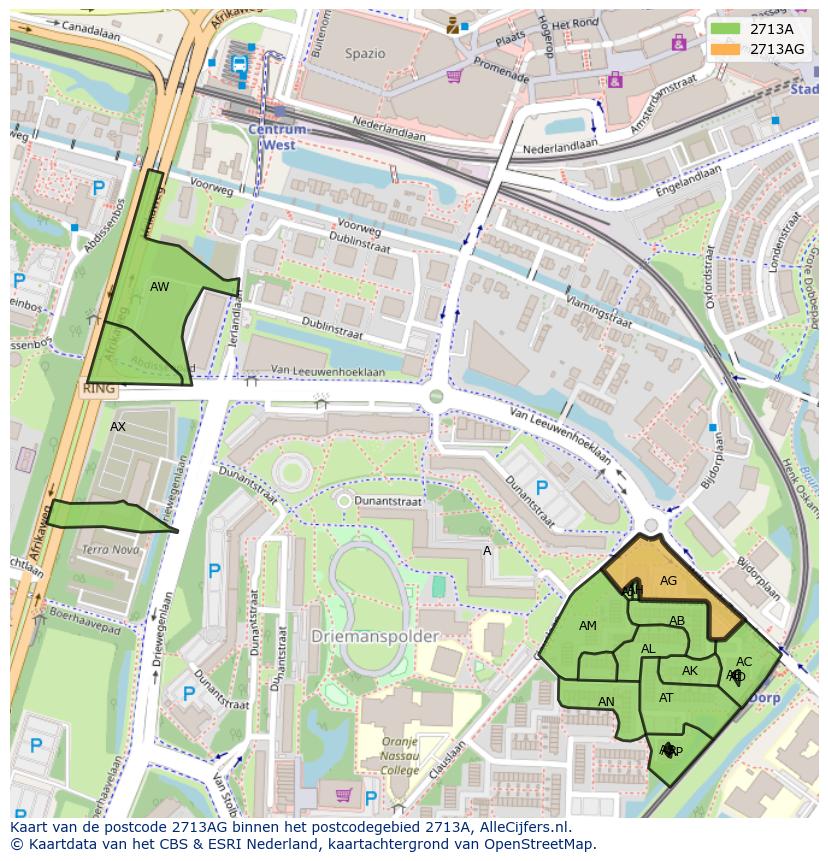 Afbeelding van het postcodegebied 2713 AG op de kaart.