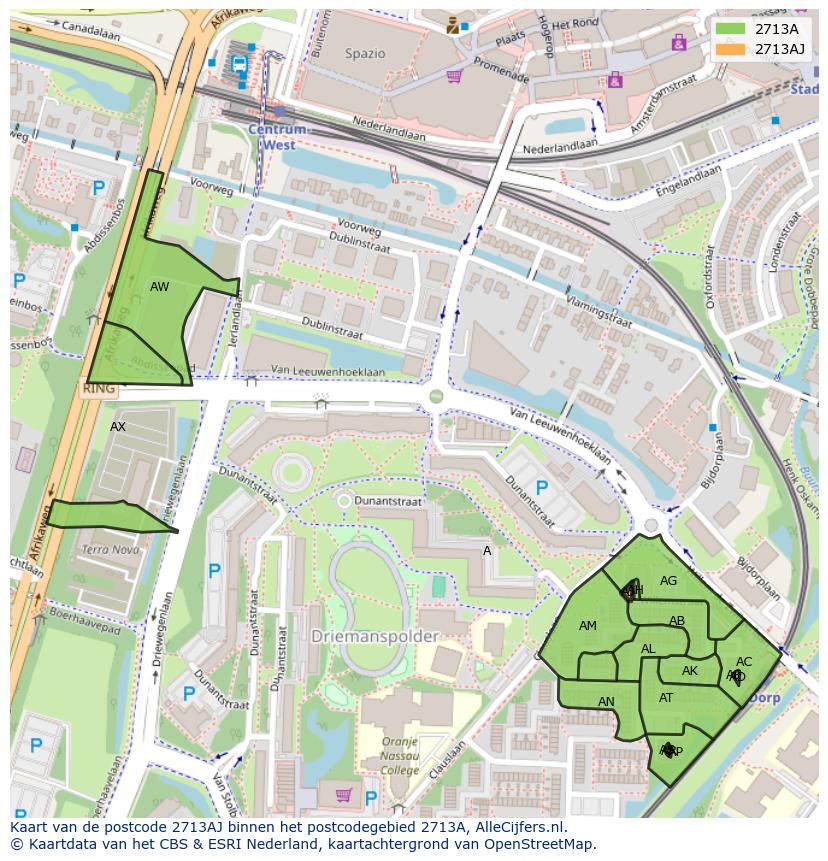 Afbeelding van het postcodegebied 2713 AJ op de kaart.