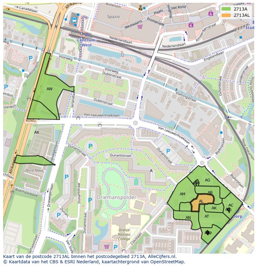 Afbeelding van het postcodegebied 2713 AL op de kaart.